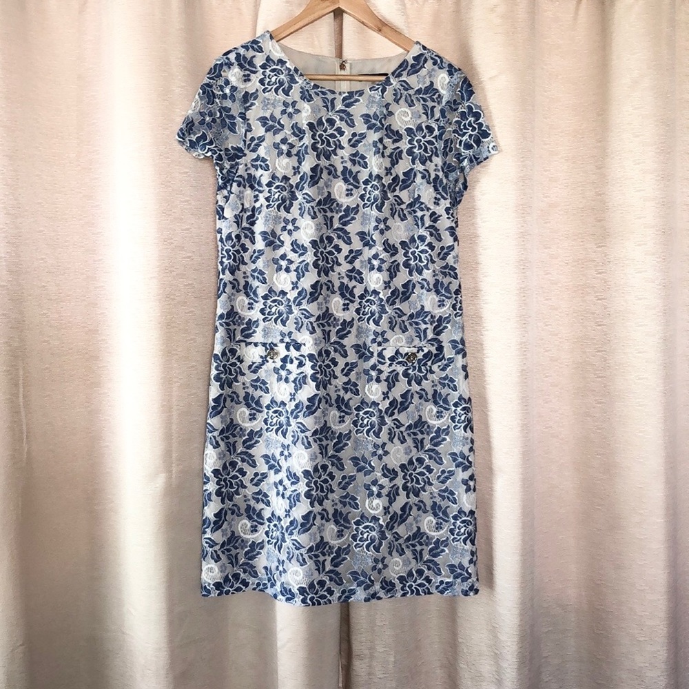 Tommy Hilfiger Lace Shift Dress - blue and white